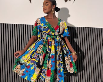 IRIS Women's African Print Patchwork Mini Dress. Ankara Patchwork Mini Dress. African Plus Size Dress. Ankara Dress Holiday. African Dress