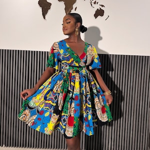 IRIS Women&#39;s African Print Patchwork Mini Dress. Ankara Patchwork Mini Dress. African Plus Size Dress. Ankara Dress Holiday. African Dress