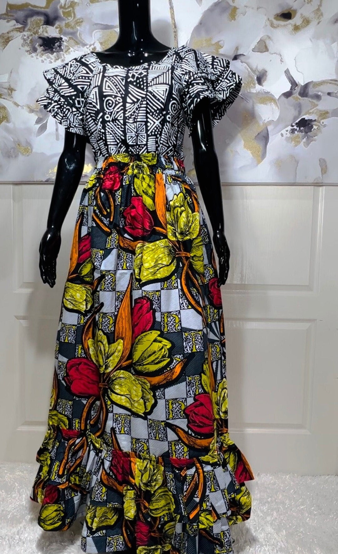 African print maxi dress with a tiered design
