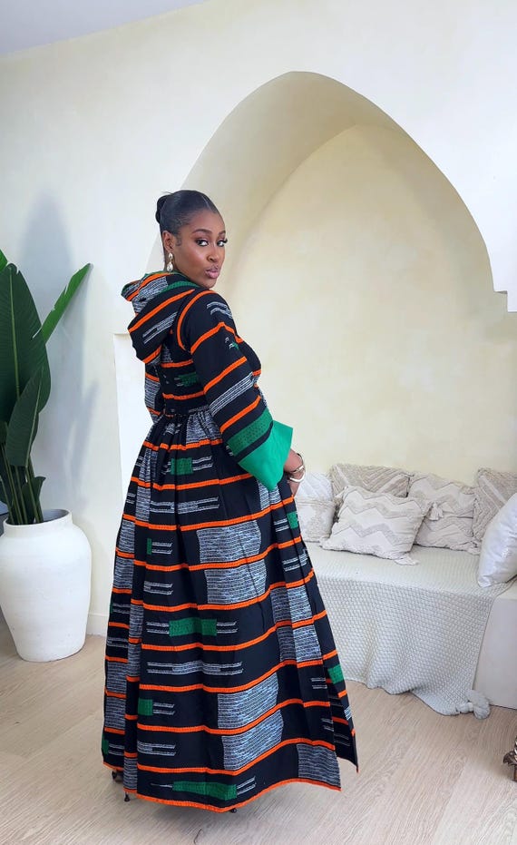 BOAHEMAA African Print Smocked Bodice Hoodie Kaftan Dress