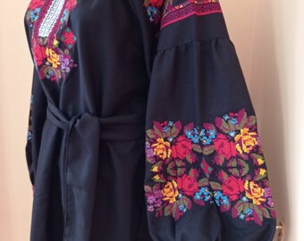 Black Embrodered dress on natural material with flowers pattern Ukrainian Vyshyvanka Midi dress