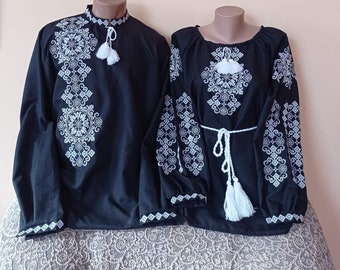 Ukrainian national Vyshyvanka women and men with white pattern on Black natural material Ukraine embroidered shirts Family outfit