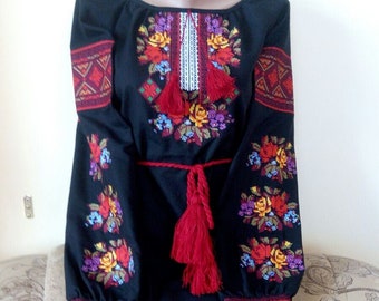 Black vyshyvanka Ukrainian embroidered shirt for women Blouse with red roses pattern on black natural cotton Exclusive gift for women