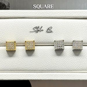 MOISSANITE Men's 925 Sterling Silver Iced Out Hip Hop Large Square Diamond Stud Cluster Earrings Classic Round Earrings in Screw Back