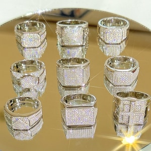 Moissanite Statement Band Ring for Men Pinky Ring Iced Out Diamond VVS1 18k White Gold Plated 925 Sterling Silver Passes Diamond Test