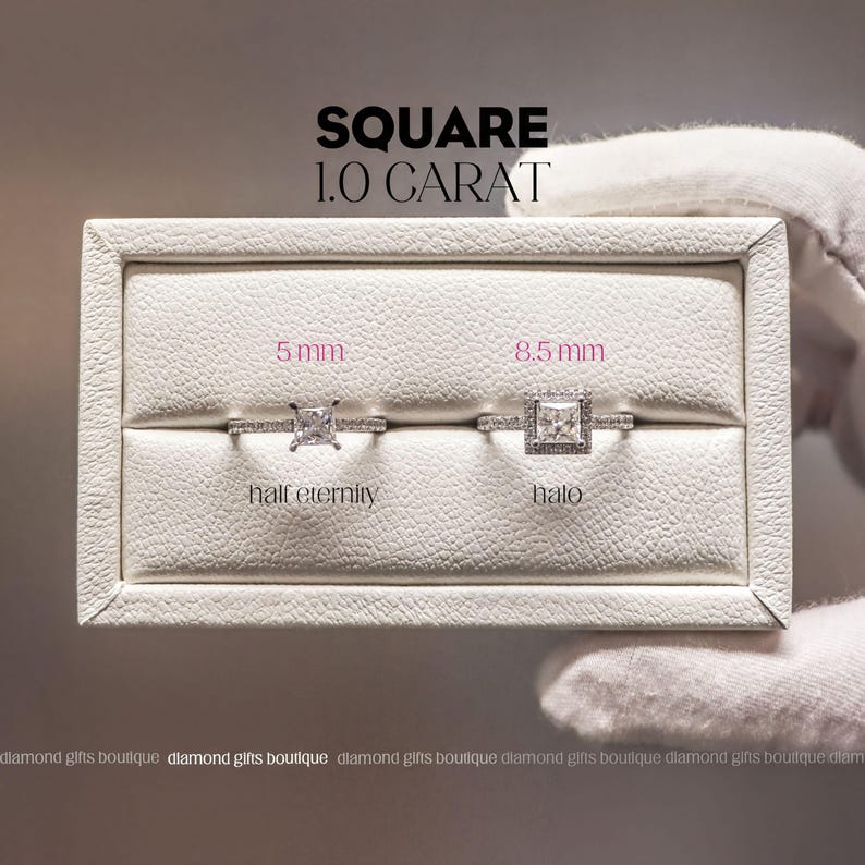 two diamond rings in a display case, with text indicating the size of the diamonds.