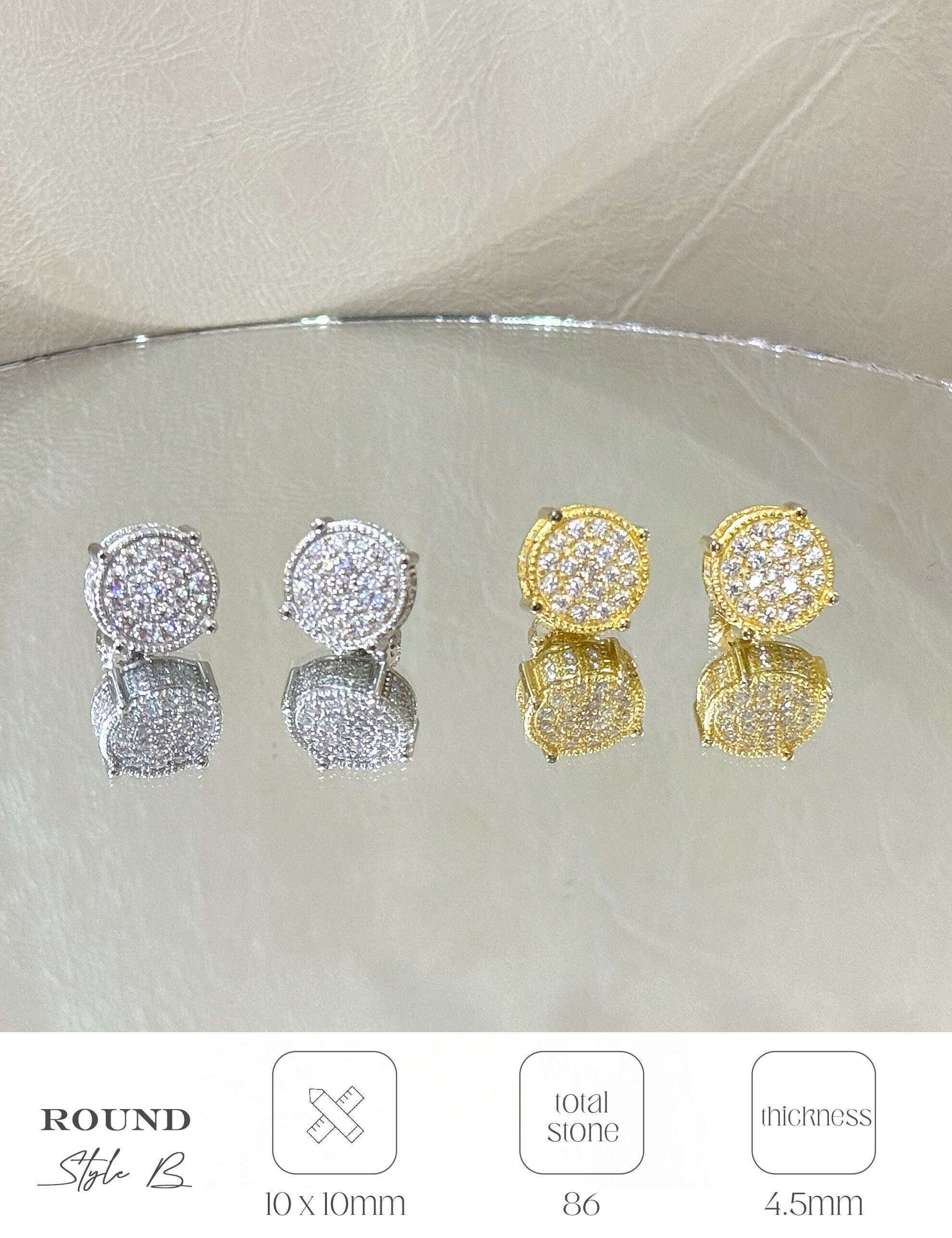 Harlembling 8mm Moissanite Hip Hop Earrings – Round Cluster Studs For Men, White Gold Over 925 Silver, Passes Tester