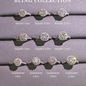 May include: A display of silver rings with different diamond shapes and sizes. The rings are labeled "Round", "Square", and "Sunflower" with carat weights ranging from 1.0 to 3.0 carats. The display is labeled "BLING COLLECTION".