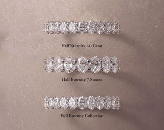 May include: Three silver-toned rings featuring oval-cut stones. The top ring is labelled Oval Cut, the middle ring is labelled Half Eternity 1.0 Carat and Half Eternity 7 Stones, and the bottom ring is labelled Full Eternity Collection.
