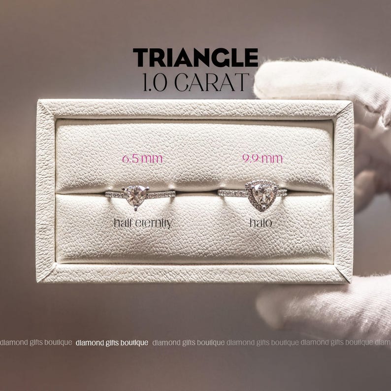 a hand holding a white jewelry box containing two diamond rings, with text above the box indicating the size of the diamonds.