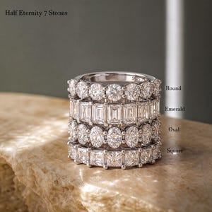 Moissanite Half Eternity Ring, 7 Stone 10 Stone Sterling Silver Wedding Band, Stackable Anniversary Ring for Women