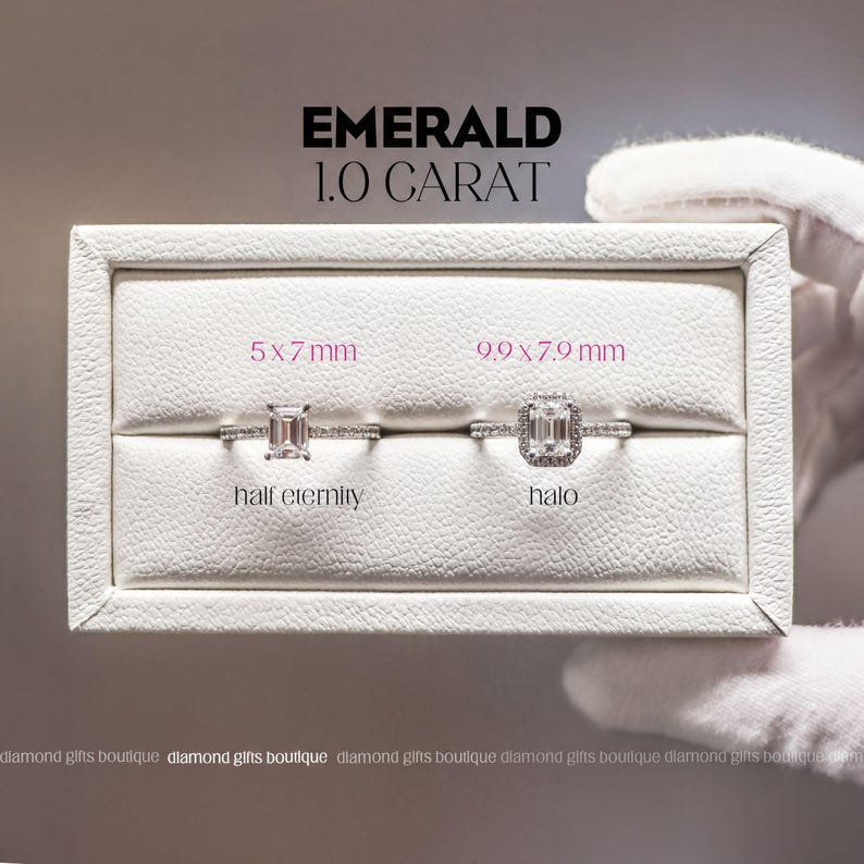 two diamond engagement rings displayed in a white jewelry box, with text providing information about the size and specifications of the rings.