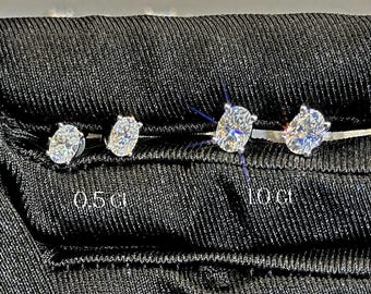 Moissanite Stud Earrings, Round Oval Cut, 18K White Gold Plated 925 Sterling Silver, Solitaire Double Halo, Push Back Pass Diamond Tester