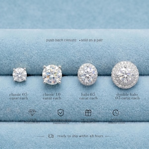 May include: Four silver stud earrings with round clear stones, labeled as classic 0.5 carat, classic 1.0 carat, halo 0.5 carat, and double halo 0.5 carat. Text includes push back closure, sold as a pair, D color, excellent cut, 925 sterling silver.