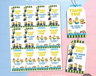 Instant Download - Digital minion thank you note bag topper, Favor Tags, minion Goodie bag label, favor tags, thank you tag