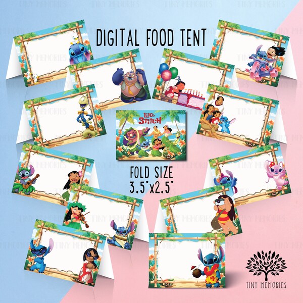 Instant Download - Digital Lilo Stitch Food Tent, Favor Tags Goodie bag label, Lilo Stitch food tent, food labels, name labels topper