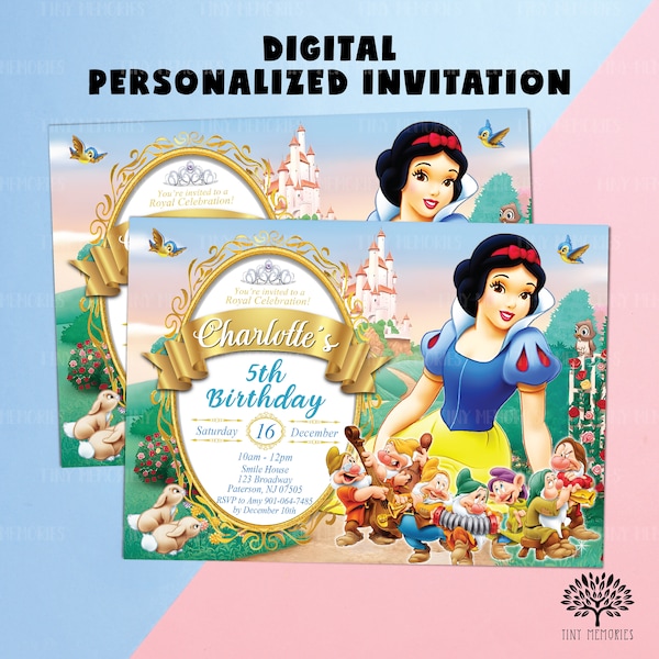 Digital personalized Birthday Invitation. Digital Princess  Birthday Invite.  Snow White  birthday invitation. Kid's birthday E-invite