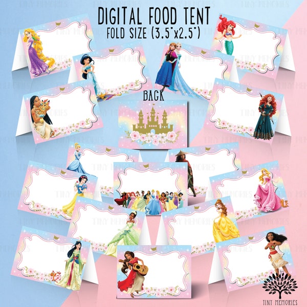 Instant Download - Digital princesses Food Tent, Favor Tags Goodie bag label, Cinderella food labels, name labels topper, Snow White mermaid