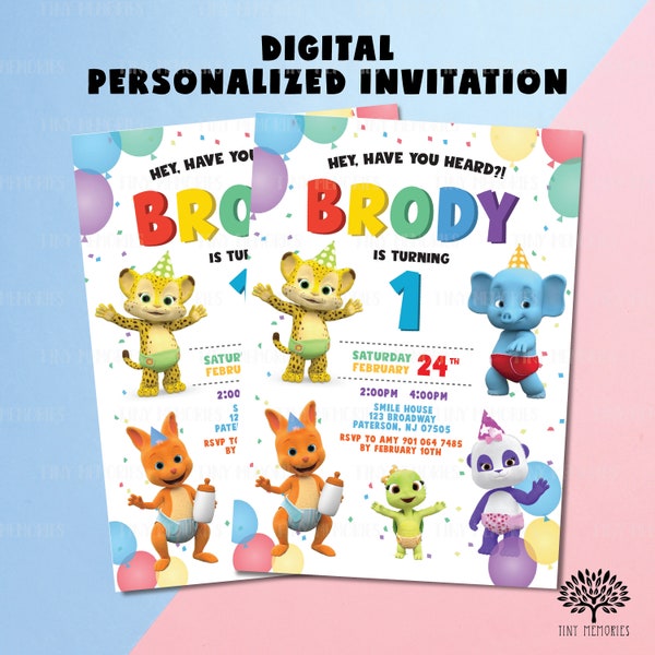 Digital personalized Birthday Invitation. Digital Word Party Birthday Invite. Cute animals birthday invitation Kid birthday E-invite