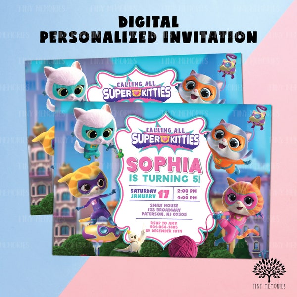 Digital personalized Birthday Invitation. Digital kitties Invite. Super Kitties boy Girl birthday invitation. Kid's birthday E-invite