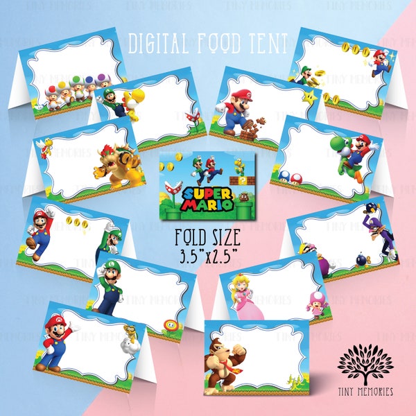 Instant Download - Digital super mario Food Tent, Favor Tags Goodie bag label, Mario Bros food tent, food labels, name labels topper