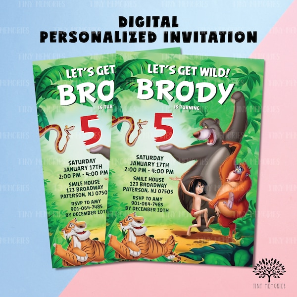 Digital personalized Birthday Invitation. Digital Jungle book Birthday Invite. Jungle Animals birthday boy invitation. Kid birthday E-invite