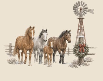 Kerstmis op de ranch, kerstontwerp met paarden, western kerstman rodeo afbeelding, digitale download