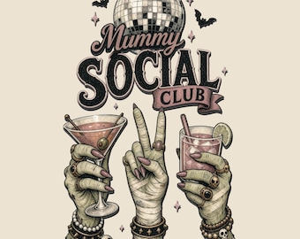 Coquetéis do Mummy Social Club PNG, Design de camiseta de Halloween com zumbis e vampiros, Verão assustador, Sublimação vintage de Halloween (Download digital)