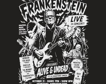 Frankenstein em Concerto PNG, Design Clássico de Camiseta de Banda de Halloween, Gráfico de Verão Assustador, Sublimação Vintage de Halloween (Download Digital)