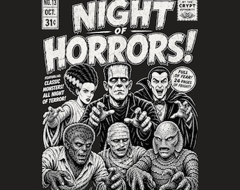 Noite do Terror PNG, Halloween Vintage, Frankenstein, Lobisomem, Camiseta de Banda Clássica, Verão Assustador (Download Digital)