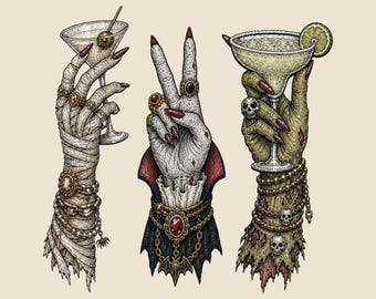 Coquetéis de Múmia, Vampiro e Zumbi em PNG, Design de Camiseta de Halloween com Tema de Monstros, Festa Monstruosa, Sublimação Vintage de Halloween (Download Digital)