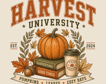 Camiseta Harvest University PNG, Design para Camiseta Literária, Estampa Vintage de Outono, Camiseta para Amantes de Livros, Temporada de Futebol Americano (Download Digital)