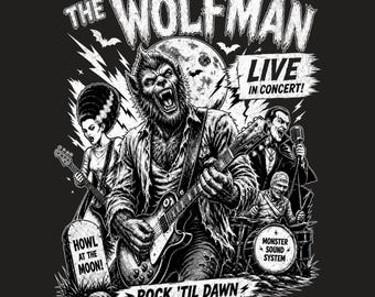 The Wolfman in Concert PNG, Design de camiseta de banda de Halloween com tema de lobisomem, estampa de verão assustadoramente sexy, sublimação vintage de Halloween (download digital)
