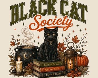 Sociedade do Gato Preto PNG, Design de Camiseta Assustadora de Halloween, Gráfico Vintage de Outono, Camiseta de Outono (Download Digital)