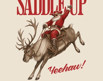 Zadel de Kerstman op een rendier, een vrolijk kerstontwerp, western Sint-Nicolaas rodeo-afbeelding, digitale download