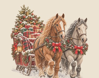 Kerstpaarden die een slee trekken, ontwerp van een kerstman in westernstijl (digitale download)