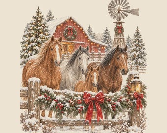Kerstpaardenfamilie op de boerderij, Western Santa Rodeo-ontwerp (digitale download)