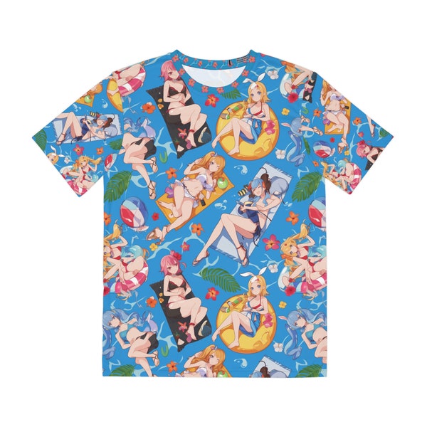 Man Polyester Tee AOP with Vibrant Anime Beach Party Design, Colorful Summer Anime Girls All-Over Print, Fun Otaku Fashion Top