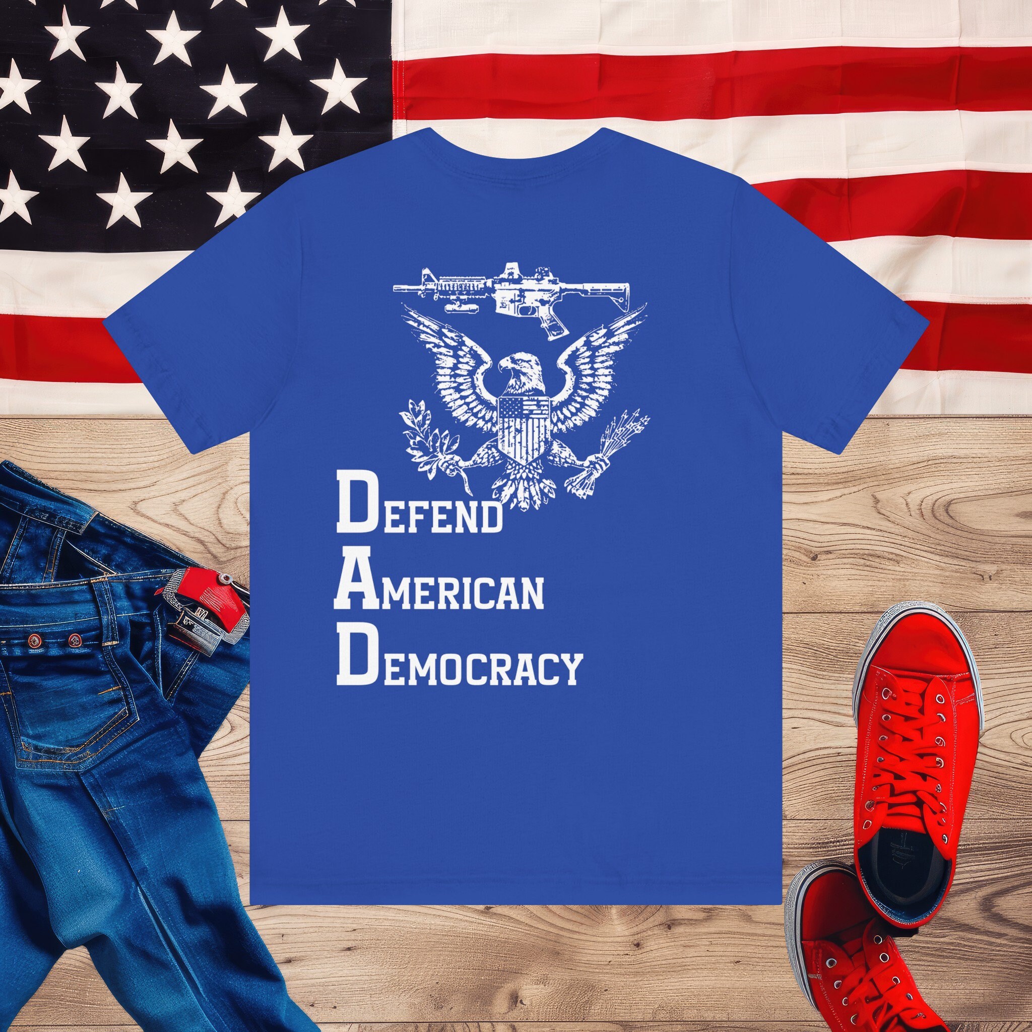 Defend American Democracy T-Shirt, Patriotic Eagle and Rifle Tee, Bold Statement Military Style Shirt, Pro-Democracy USA Apparel