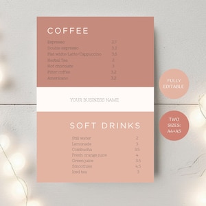 Menú de cafetería editable, plantilla de menú de café y refrescos, lista de precios en colores neutros, menú de restaurante moderno