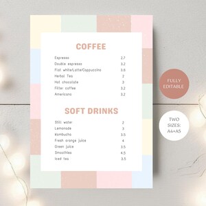 Menu de café editável, modelo de menu de café + refrigerantes, lista de preços em cores neutras pastel, menu de restaurante, design xadrez estético