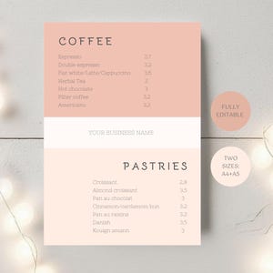 Cafe Bäckerei Menü bearbeitbar, Preisliste Vorlage, bearbeitbare Gebäck Kuchen Kaffee liste, ästhetische Pastell modernes Design