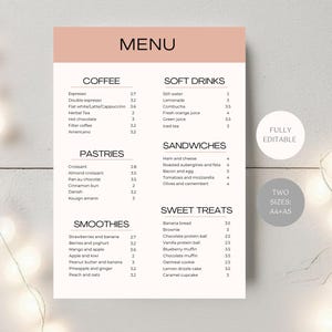 Modelo de menu de café, comida + bebidas, lista de preços de restaurantes de cafeteria editável, menu minimalista moderno com cores neutras