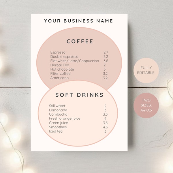 Cafe menu template, coffee + soft drinks menu editable, neutral colours price list, modern restaurant menu