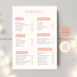Modelo de menu de café, comida + bebidas, lista de preços de restaurantes de cafeteria editável, menu minimalista moderno com cores neutras