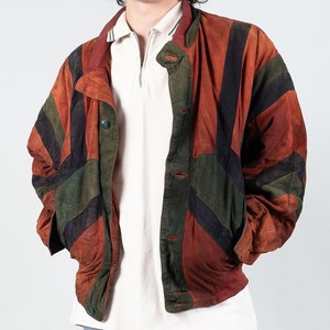 Vintage Suede Leather Bomber Jacket Patchwork Pattern Size XL 80s Vintage Suede Leather Bomber Jacket Patchwork Pattern Size XL 80s
