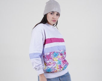 Vintage jumper sweatshirt white floral pattern Size M cotton 80s 90s