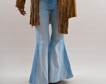 Spodnie jeansowe z szerokimi nogawkami z bawełny w stylu boho z lat 90. – rozmiar damski S, retro, boho, z szerokimi nogawkami