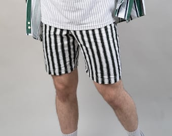 Vintage Cotton Short Green and White Striped Pattern Size L Summer