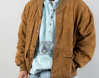 Vintage Suede Leather Bomber Jacket Beige Brown Size L - XL Vintage Suede Leather Bomber Jacket Beige Brown Size L - XL